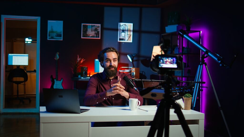 Joyful man greets fans, presenting today video topic