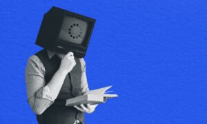 Machine learning concept collage art man with tv head reading book as artificial intelligence