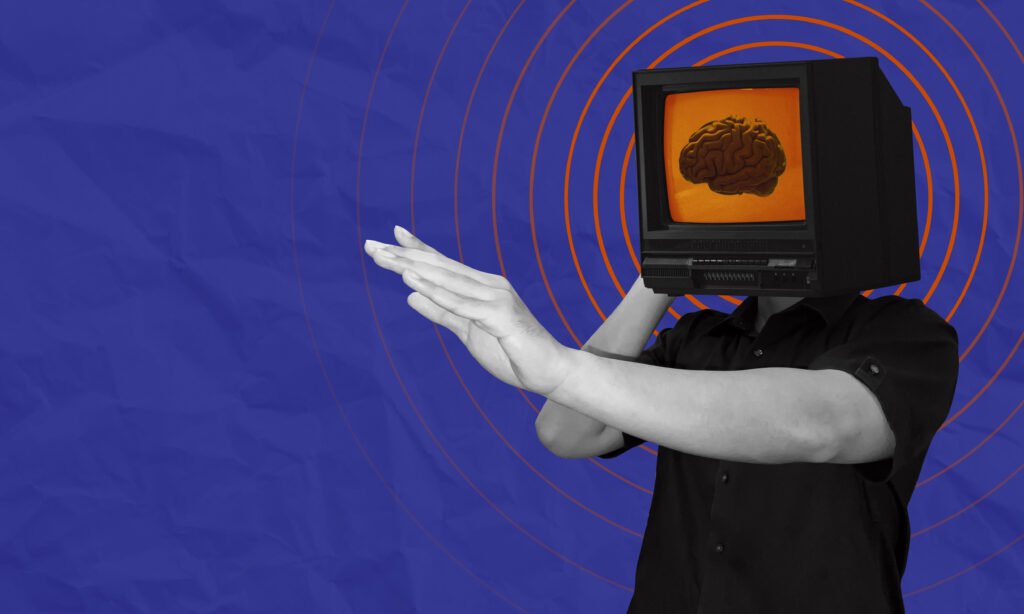 Man with ai computer brain head predicts user needs artificial intelligence prediction telepathy