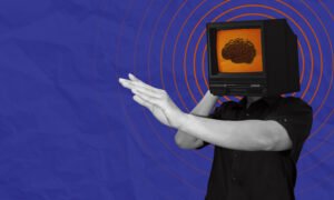 Man with ai computer brain head predicts user needs artificial intelligence prediction telepathy