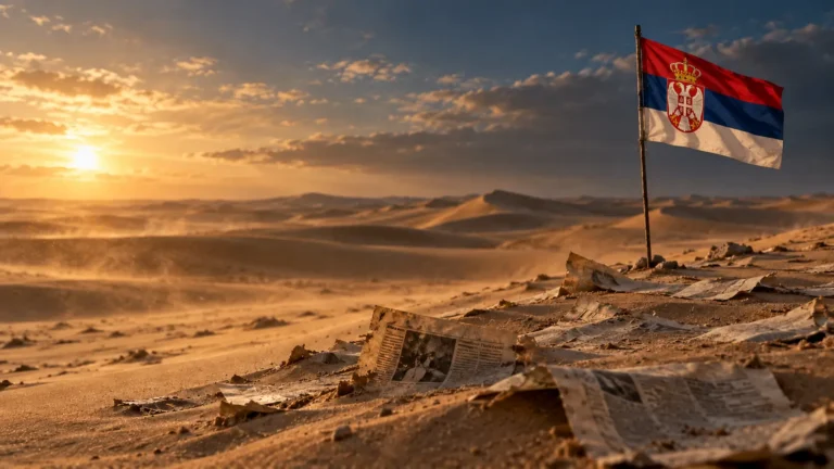 Pristine Serbian flag over sunset dunes